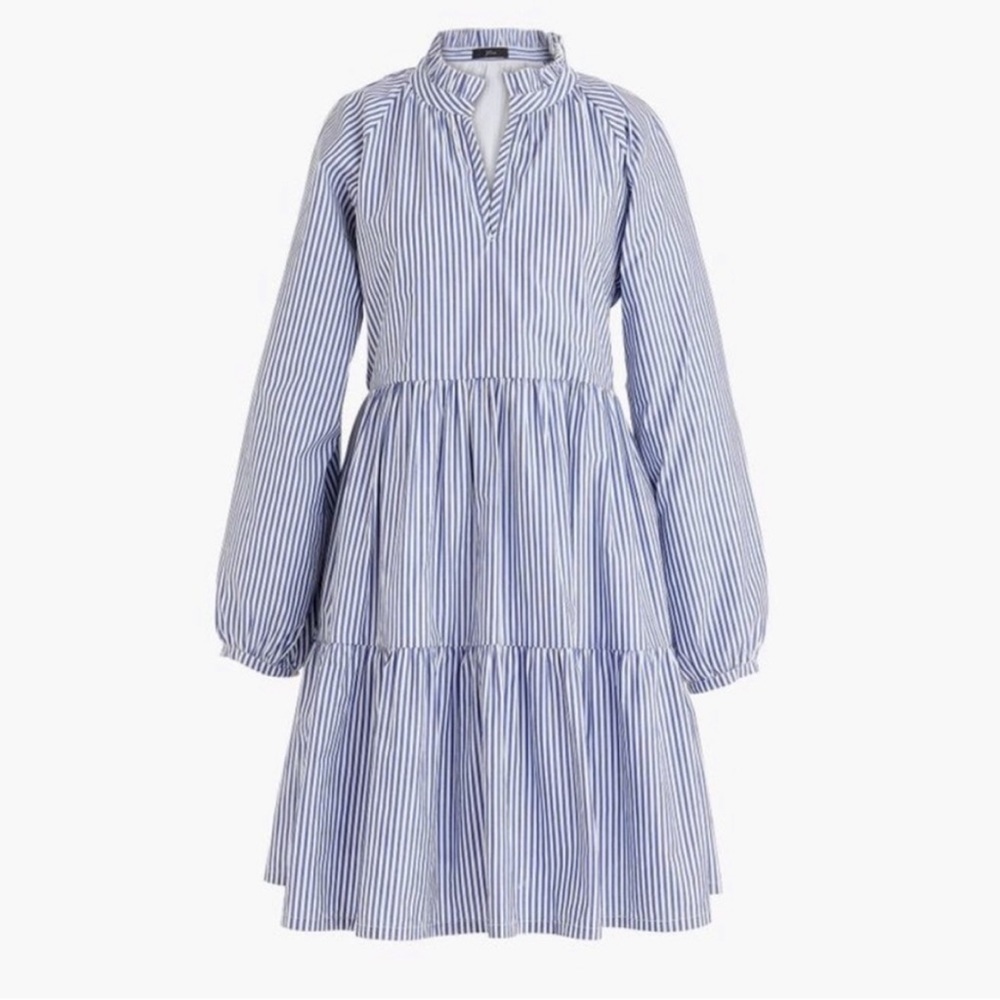 J Crew Tiered Popover Mini Dress Stripe Cotton Poplin Blue White Stripe Tiered M